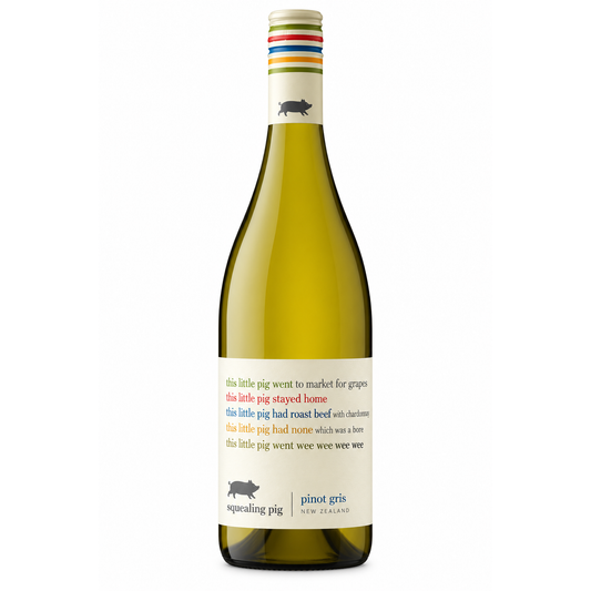 A bottle of Squealing Pig Pinot Gris white wine on a plain white background. The bottle is made of dark green glass with a cream-colored label featuring a black pig silhouette and multicolored text, topped with a white capsule seal decorated with thin red, orange, yellow, and blue stripes.