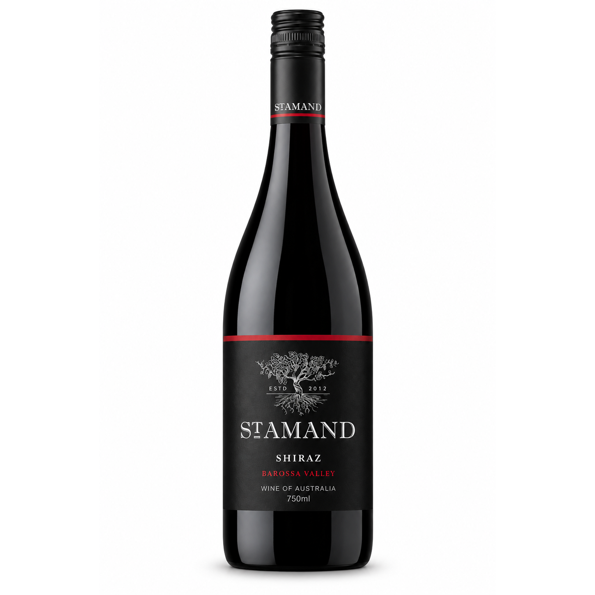 A bottle of Stamand Shiraz from the Barossa Valley, Australia, 750ml. The bottle is dark glass with a black screw cap and a black label featuring a red stripe and white text.