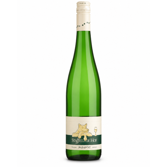 A bottle of Staffelter Hof Magnus Riesling 2022 750ml. A green bottle with white and green label with a yellow dog and wine glass next to illustration on white background.
