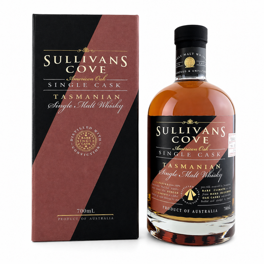 A bottle of Sullivans Cove Tasmanian Single Cask American Oak Single Malt Whisky next to its matching retail box, both featuring a dark brown and black design with gold lettering, on a white background.