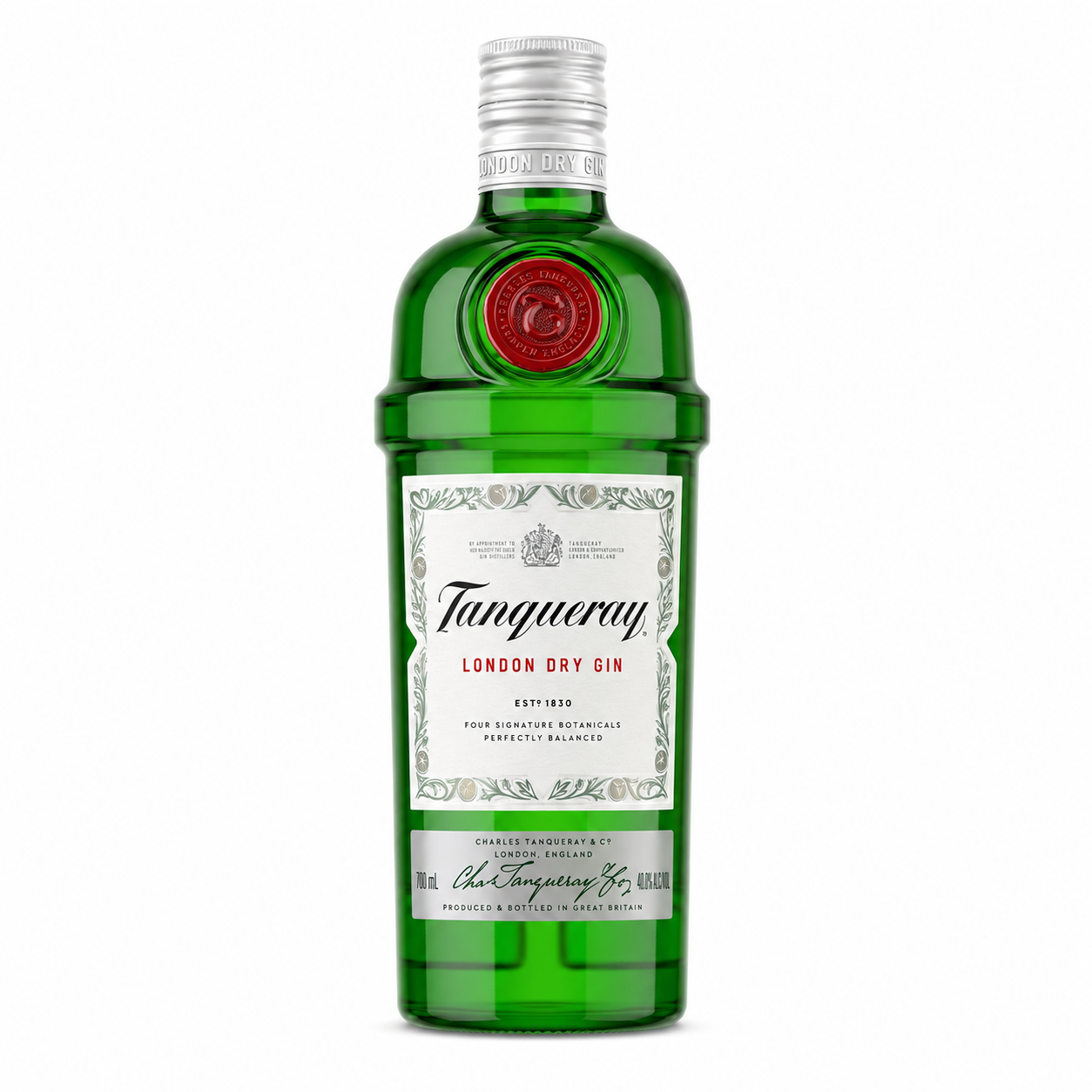 A bottle of Tanqueray London Dry Gin on a plain white background. The bottle is made of transparent green glass, has a silver screw cap, and a white label with black and red text.