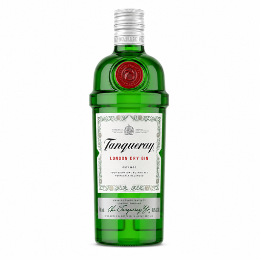 A bottle of Tanqueray London Dry Gin on a plain white background. The bottle is made of transparent green glass, has a silver screw cap, and a white label with black and red text.