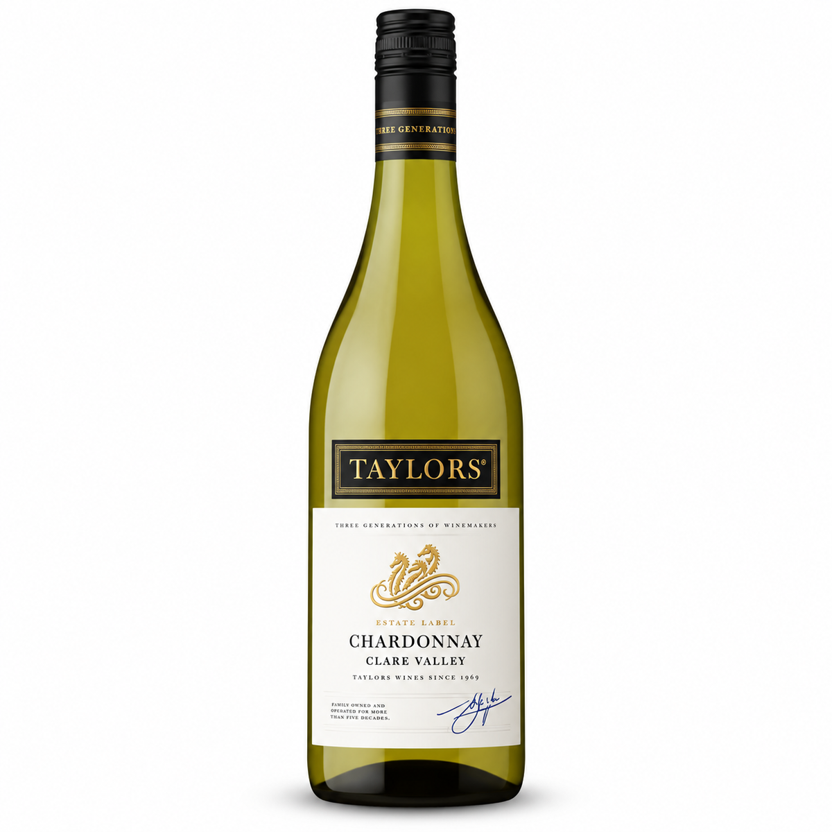 A bottle of Taylor's Estate Chardonnay Clare Valley white wine, featuring a green glass bottle, a black screw cap, and a white label with gold and black text.