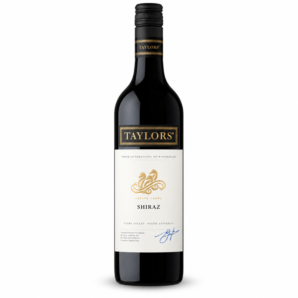 A bottle of Taylor's Shiraz red wine on a clean white background. The bottle is dark glass with a black screw cap and a white label featuring gold and blue details.