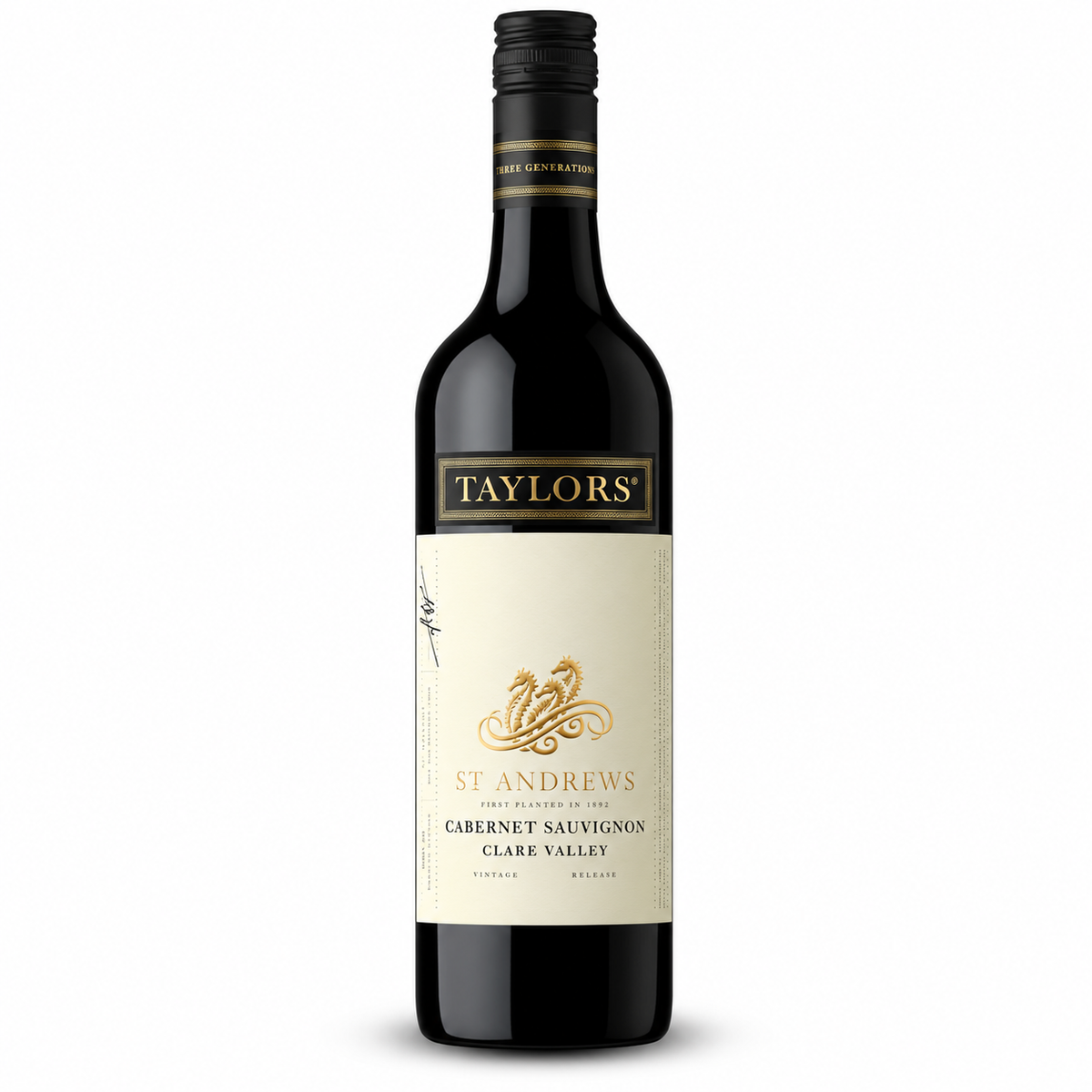 A bottle of Taylor's St Andrews Cabernet Sauvignon Clare Valley red wine, featuring a cream-colored label with gold detailing and a black bottle and cap, set against a plain white background.