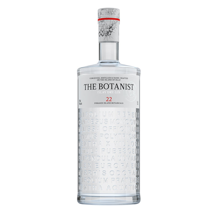 A clear bottle of The Botanist Gin with a label displaying the brand name and the number 22, against a white background.