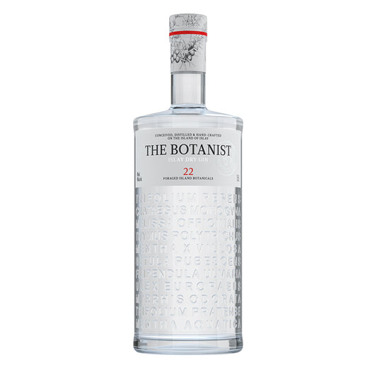 A clear bottle of The Botanist Gin with a label displaying the brand name and the number 22, against a white background.
