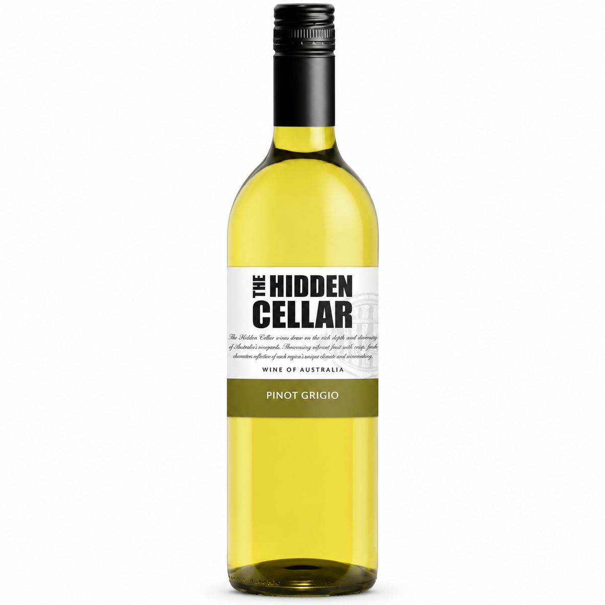 A bottle of white wine with a black screw cap and a white label reading 'THE HIDDEN CELLAR' and 'PINOT GRIGIO', shown on a plain white background.