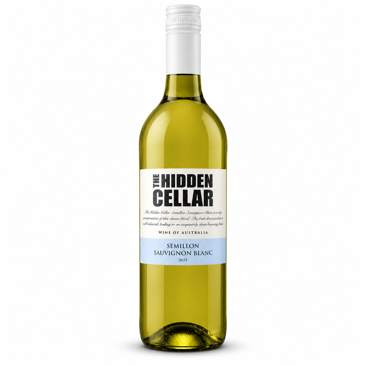 A bottle of 'The Hidden Cellar' Semillon Sauvignon Blanc white wine, showing the pale yellow-green liquid inside a clear glass bottle with a white screw cap and a cream label with black and light blue text.