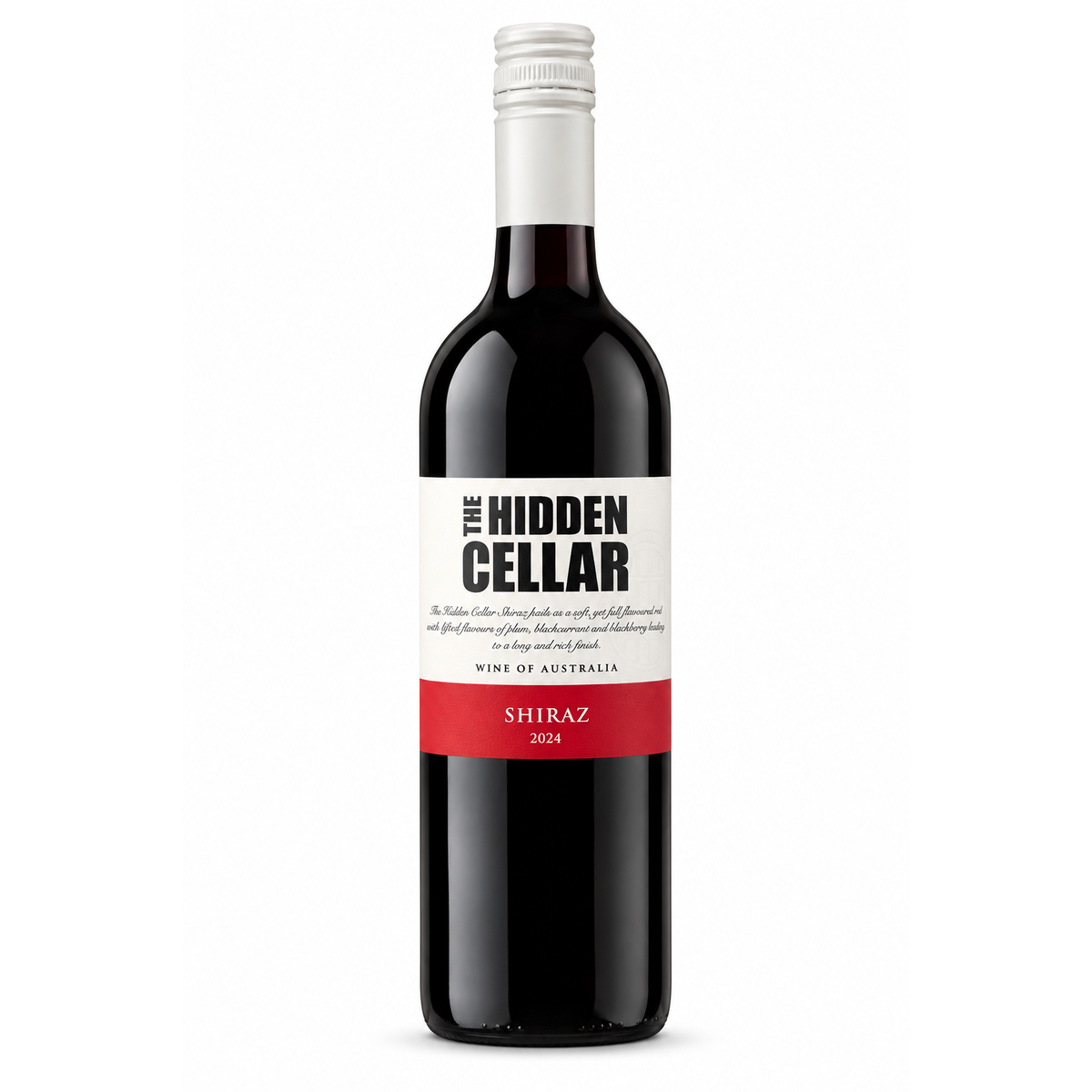 A bottle of The Hidden Cellars Shiraz, featuring a white label with black text and a red band at the bottom, set against a plain white background.