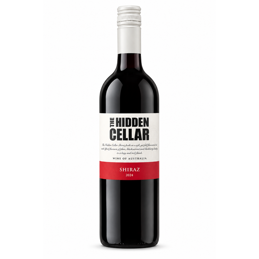 A bottle of The Hidden Cellars Shiraz, featuring a white label with black text and a red band at the bottom, set against a plain white background.