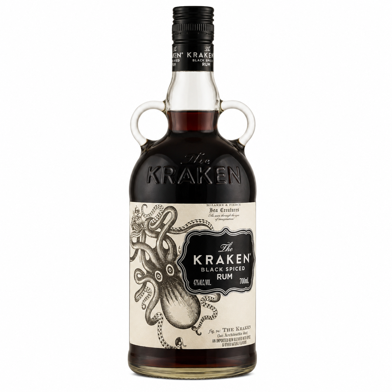 A bottle of The Kraken Black Spiced Rum with a cream label featuring an octopus illustration and a black neck seal, shown on a plain white background.