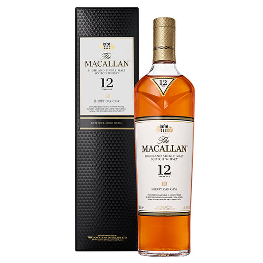 The Macallan Sherry Oak 12-Year-Old Single Malt Scotch Whisky, showing the bottle and packaging with a visible label and branding.