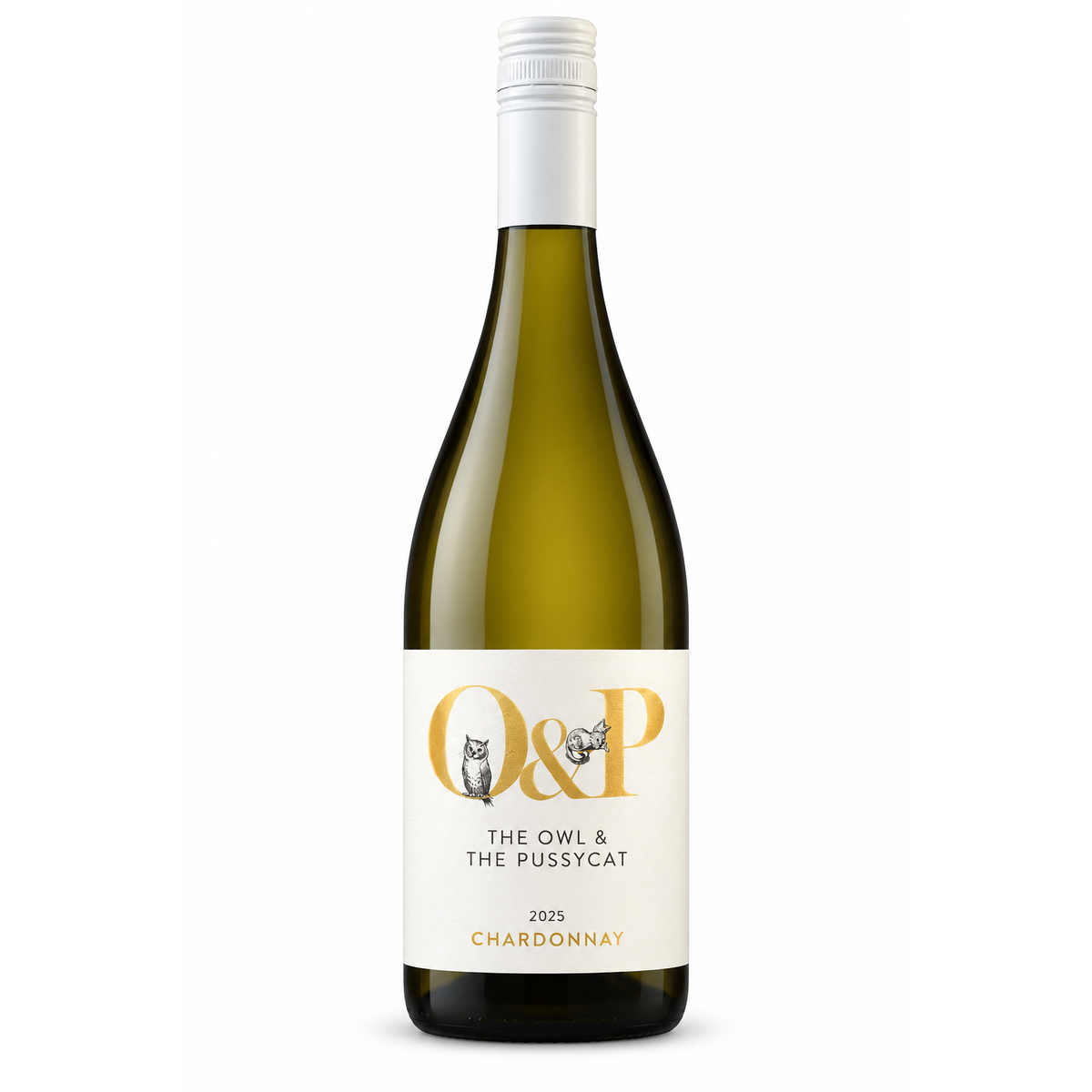 A bottle of The Owl & The Pussycat 2025 Chardonnay white wine, featuring a dark green glass bottle with a white label and gold lettering, set against a plain white background.