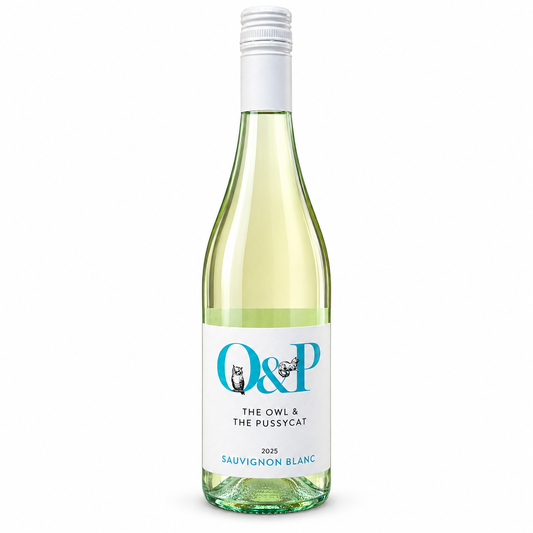 A bottle The Owl & The Pussycat 2025 Sauvignon Blanc white wine, featuring a white label with blue and black text and owl illustrations, set against a plain white background.