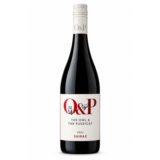 A bottle of Q&O The Owl & The Pussycat Shiraz 2023, featuring a dark glass bottle with a white label and silver foil at the neck, set against a plain white background.