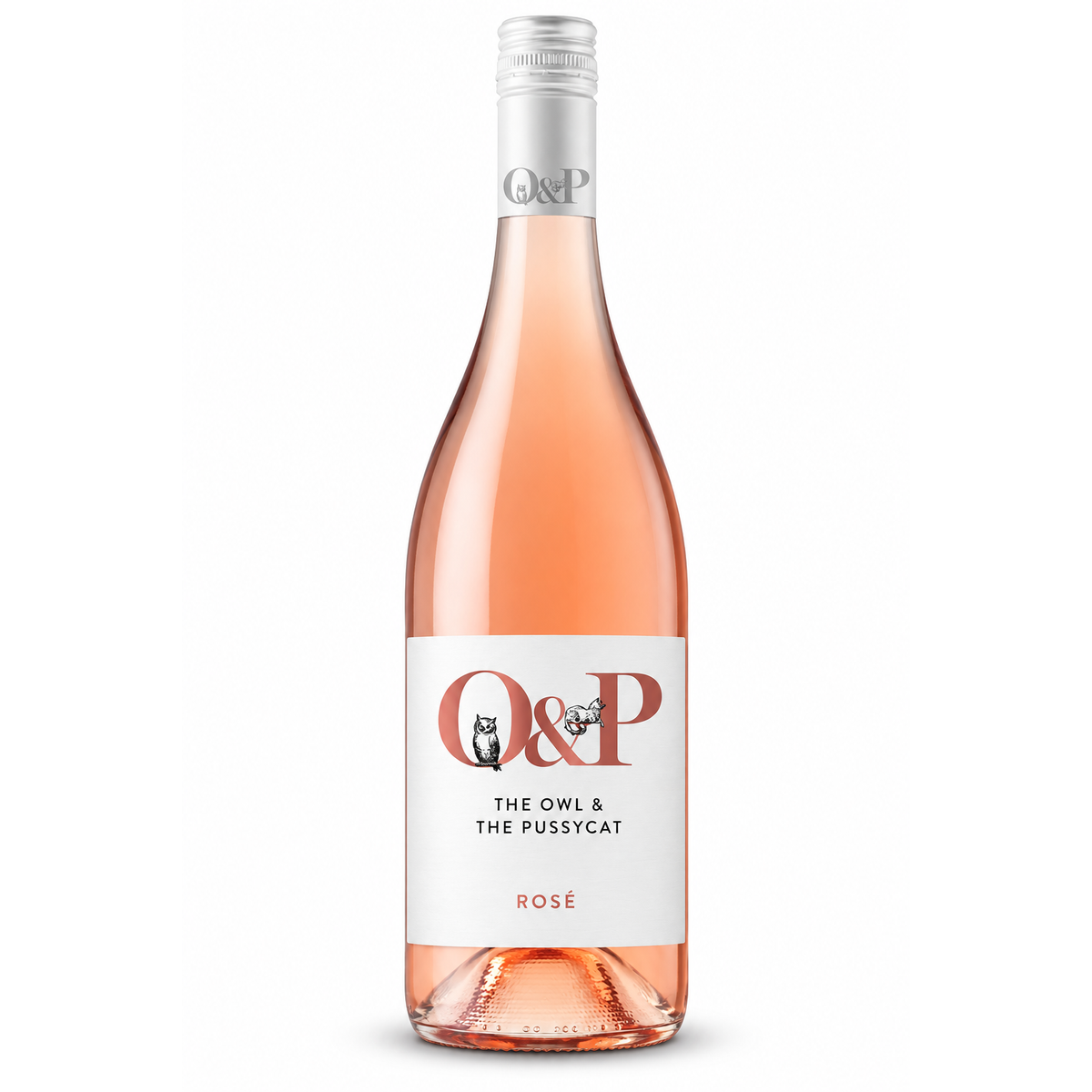 A bottle of Q&P The Owl & The Pussycat Rosé wine, showing the pinkish-rose liquid inside a clear glass bottle with a white label and silver foil cap, set against a plain white background.