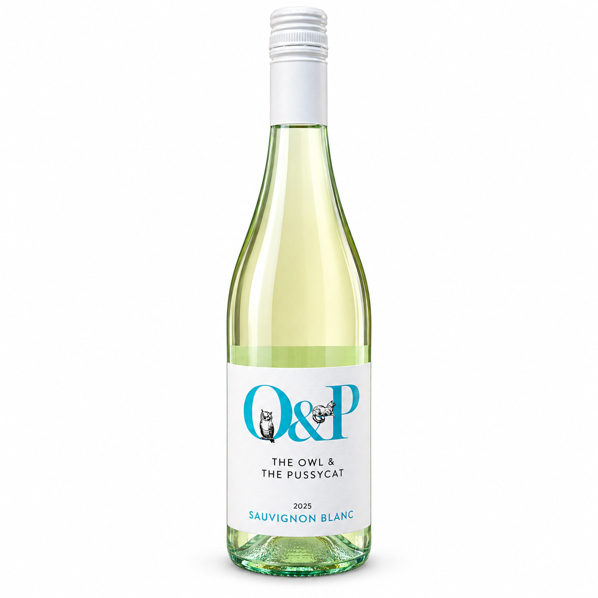 A bottle The Owl & The Pussycat 2025 Sauvignon Blanc white wine, featuring a white label with blue and black text and owl illustrations, set against a plain white background.