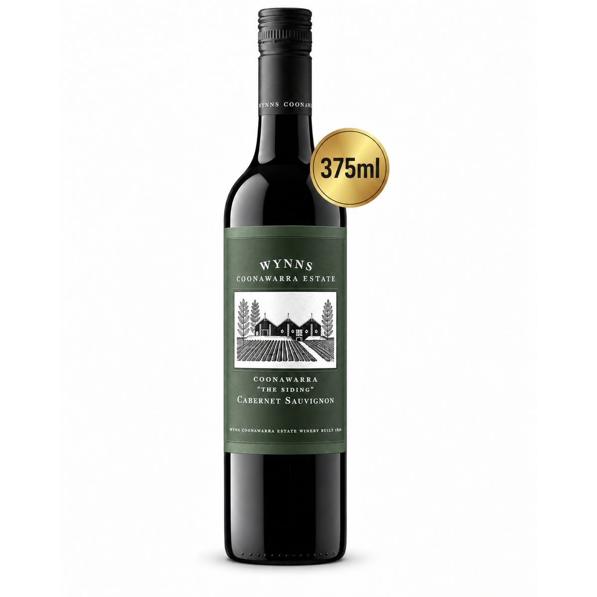 A bottle of Wynns Coonawarra Estate Cabernet Sauvignon red wine, 375ml, featuring a dark green label with a black and white illustration of a vineyard and a gold circular badge overlay.