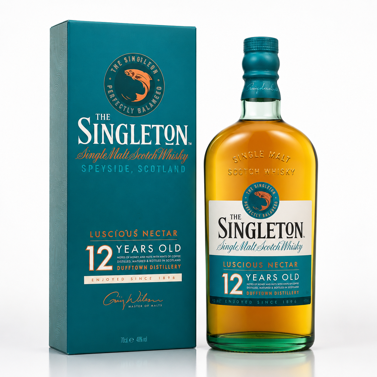 A bottle of The Singleton 12 Years Old Single Malt Scotch Whisky with its teal packaging box, displayed on a clean white background.