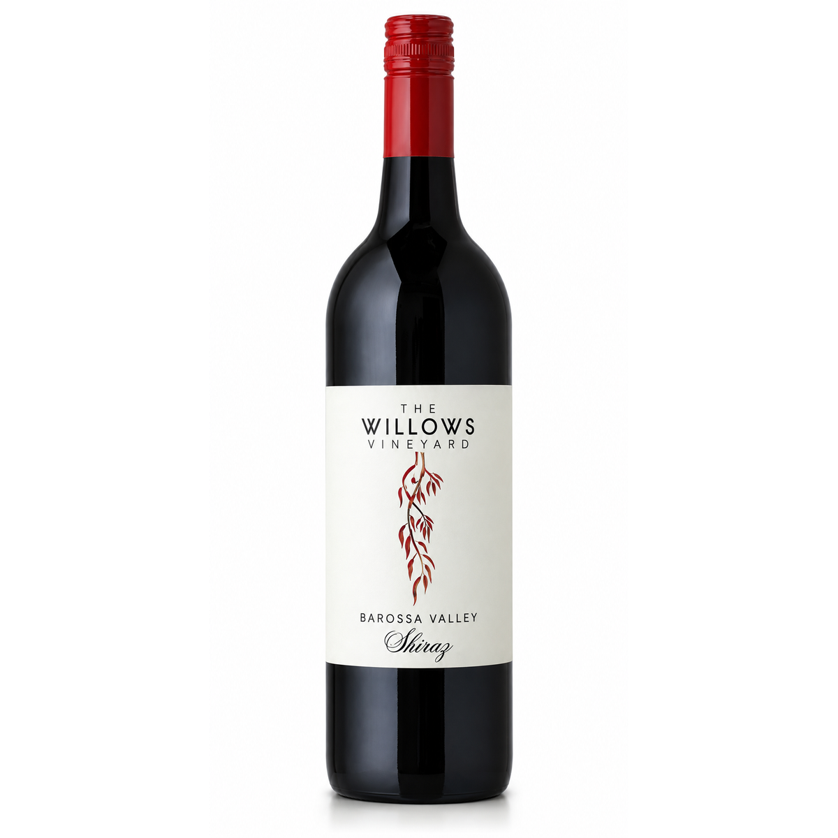 A bottle of The Willows Vineyard Barossa Valley Shiraz red wine, featuring a dark glass bottle with a red foil capsule and a cream-colored label with red leaf graphics.