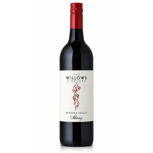 A bottle of The Willows Vineyard Barossa Valley Shiraz red wine, featuring a dark glass bottle with a red foil capsule and a cream-colored label with red leaf graphics.