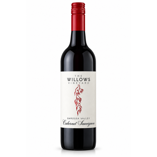 A bottle of The Willows Vineyard Barossa Valley Cabernet Sauvignon, featuring a dark glass bottle with a red foil cap and a white label with a red leaf graphic.