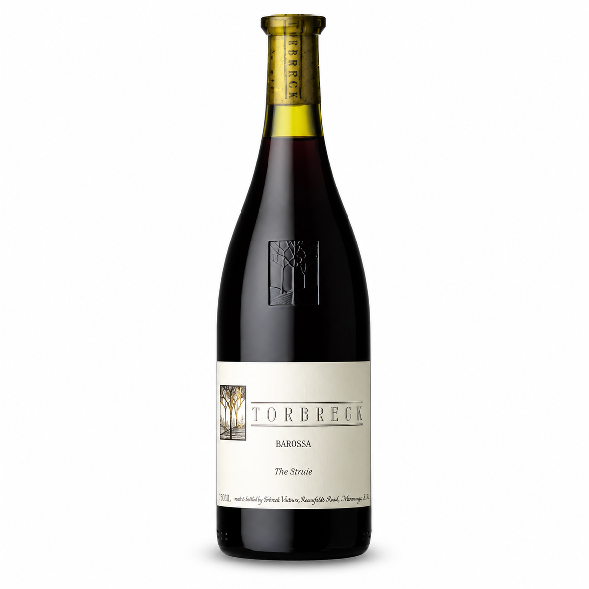 A bottle of Torbreck Barossa The Struie Shiraz, featuring a dark glass bottle with a cream-colored label and a gold foil neck wrap, set against a plain white background.