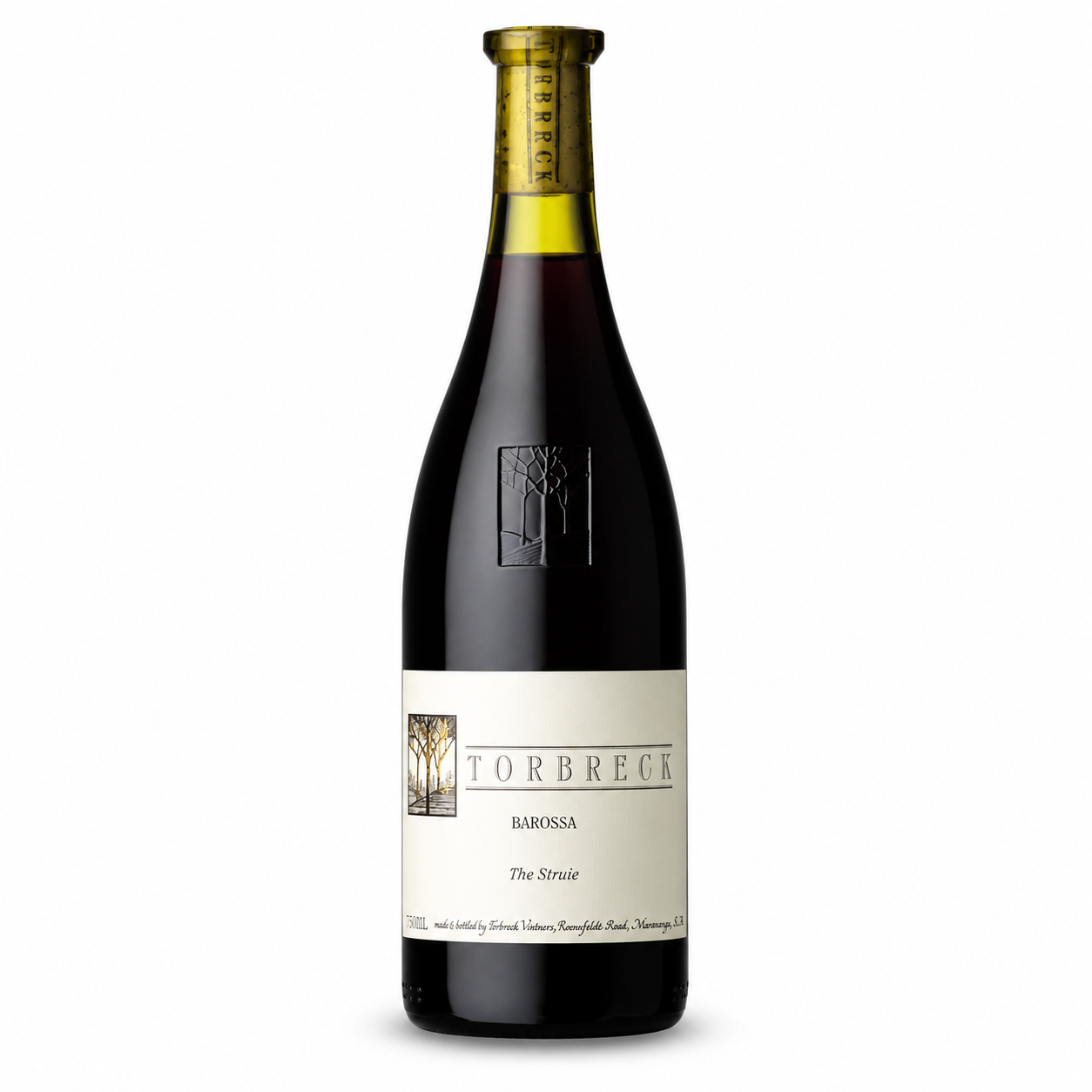A bottle of Torbreck Barossa The Struie Shiraz, featuring a dark glass bottle with a cream-colored label and a gold foil neck wrap, set against a plain white background.