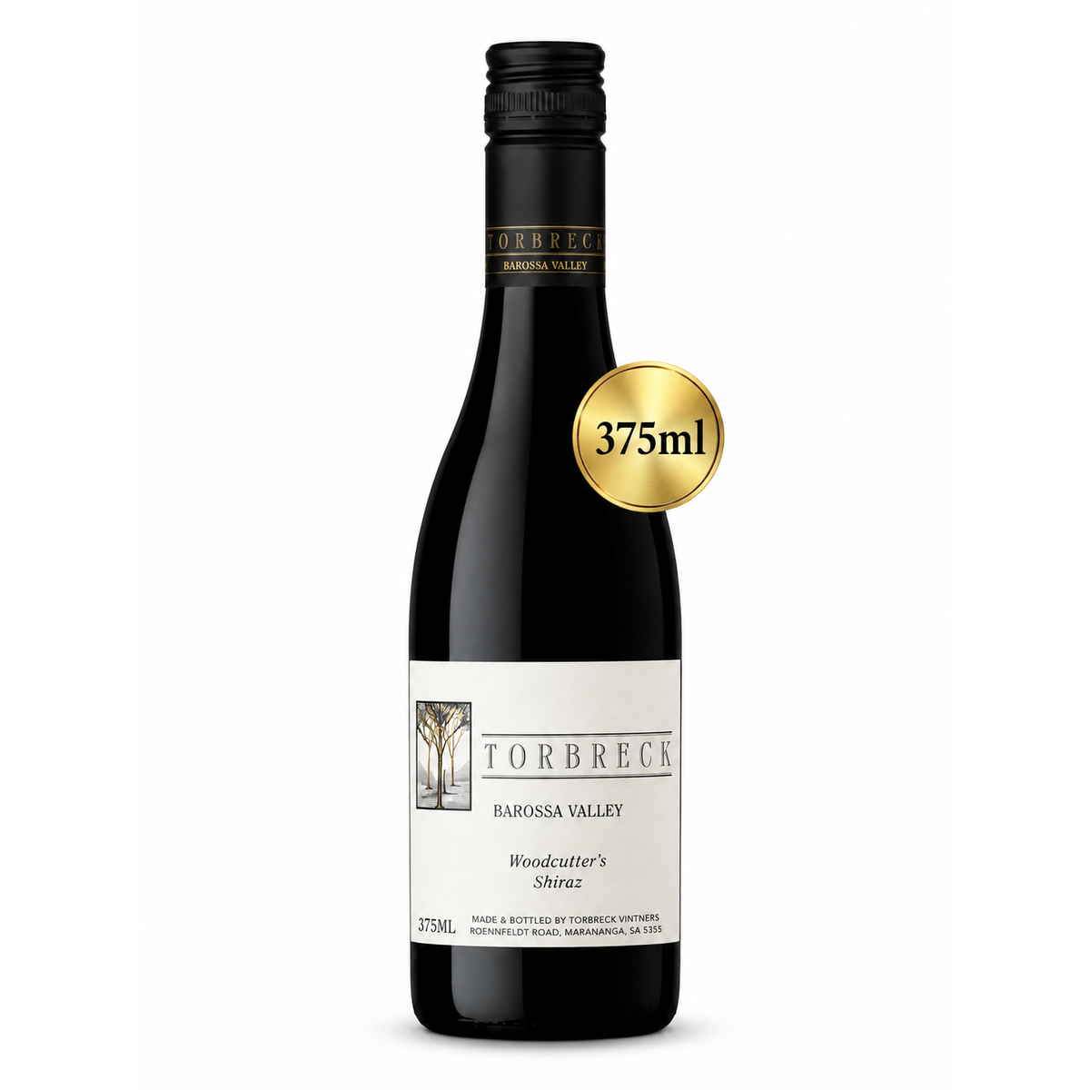 A bottle of Torbreck Barossa Valley Woodcutter's Shiraz, 375ml, on a white background with a gold circular badge overlay.