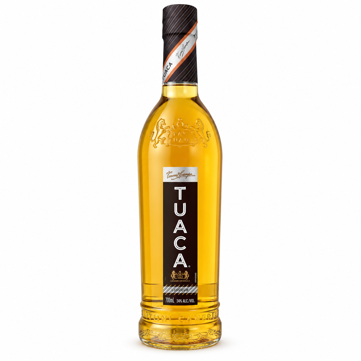 A bottle of Tuaca Italian Liquer, featuring a golden amber liquid inside a clear 700ml  glass bottle with a black and white label.