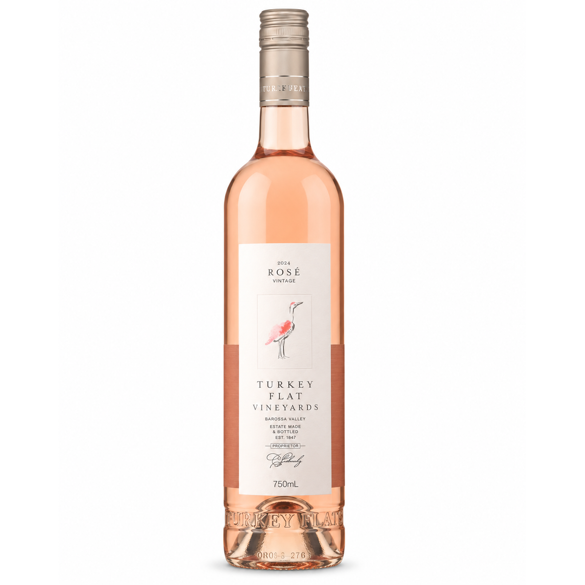 A bottle of Rosé wine from Turkey Flat Vineyards, featuring a pale pink liquid, a white label with a pink flamingo illustration, and a silver screw cap, set against a plain white background.