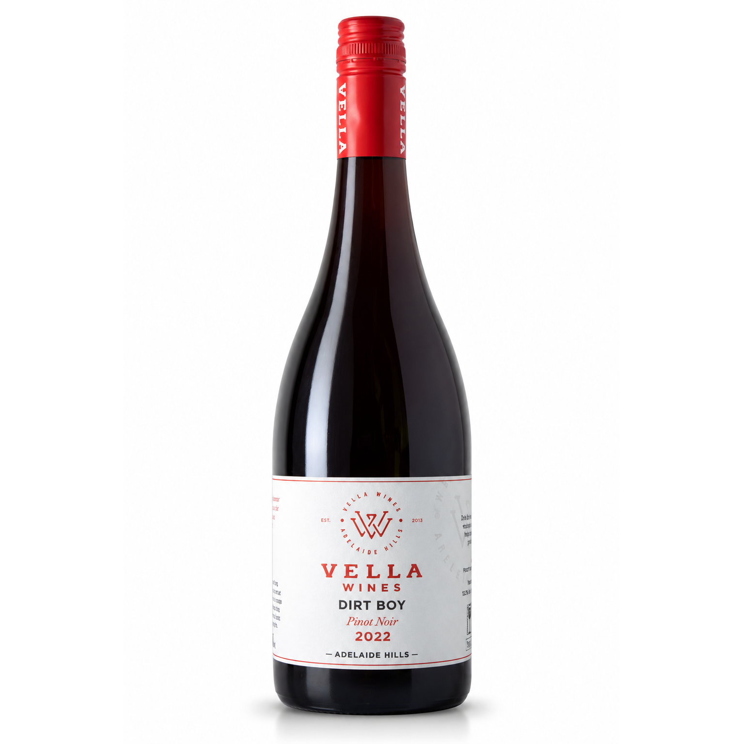 A bottle of Vella Wines Dirt Boy Pinot Noir 2022, featuring a dark glass bottle with a red foil capsule and a white label with red text, set against a plain white background.