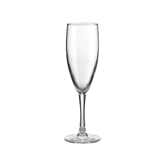 A single clear glass champagne flute with a long stem and round base, shown empty against a plain white background.