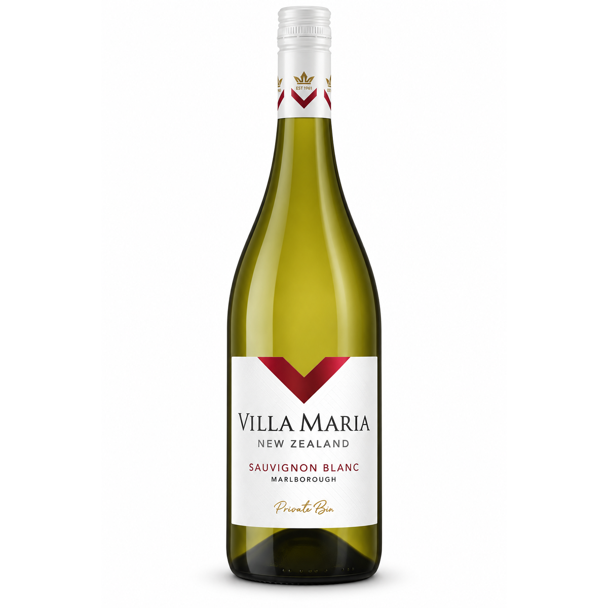 A bottle of Villa Maria New Zealand Sauvignon Blanc Marlborough white wine, featuring a green glass bottle, white label with a red V logo, and a white capsule seal on a clean white background.