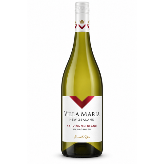 A bottle of Villa Maria New Zealand Sauvignon Blanc Marlborough white wine, featuring a green glass bottle, white label with a red V logo, and a white capsule seal on a clean white background.