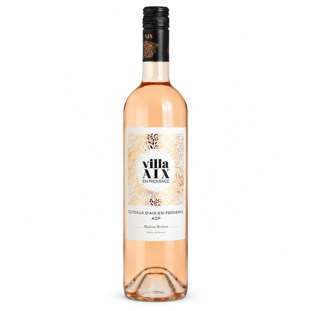 A bottle of Villa Aix En Provence rosé wine with a black screw cap and a white label featuring gold floral patterns, set against a plain white background.