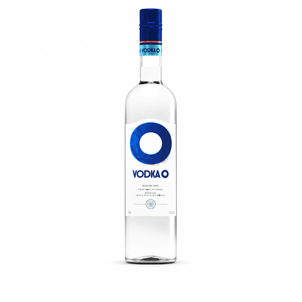A bottle of Vodka O brand clear spirit with a blue cap and a white label featuring a large blue circular logo, set against a plain white background.