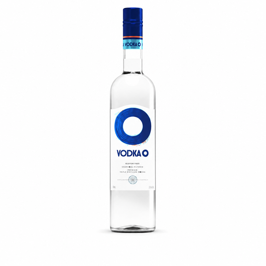A bottle of Vodka O brand clear spirit with a blue cap and a white label featuring a large blue circular logo, set against a plain white background.