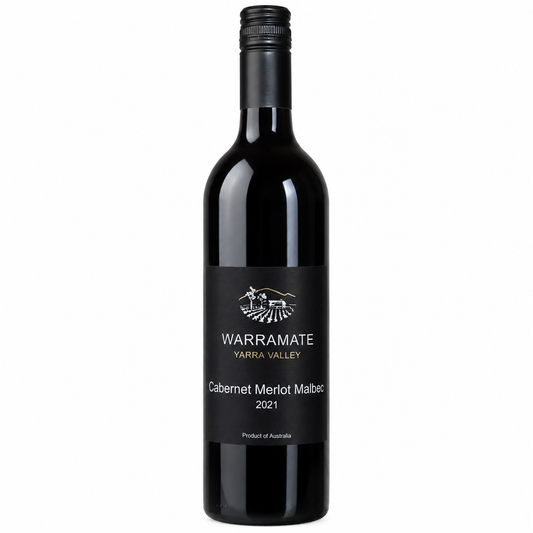 A bottle of Warramate Yarra Valley Cabernet Merlot Malbec 2021, featuring a dark glass bottle with a black label and silver cap, set against a plain white background.