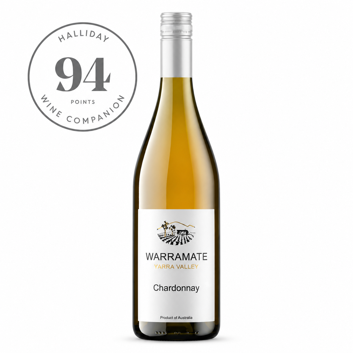 A bottle of Warramate Yarra Valley Chardonnay white wine, featuring a silver foil capsule and a white label with black and gold text. A circular 'Halliday 94 Points Wine Companion' badge is displayed in the upper left corner against a solid white background.