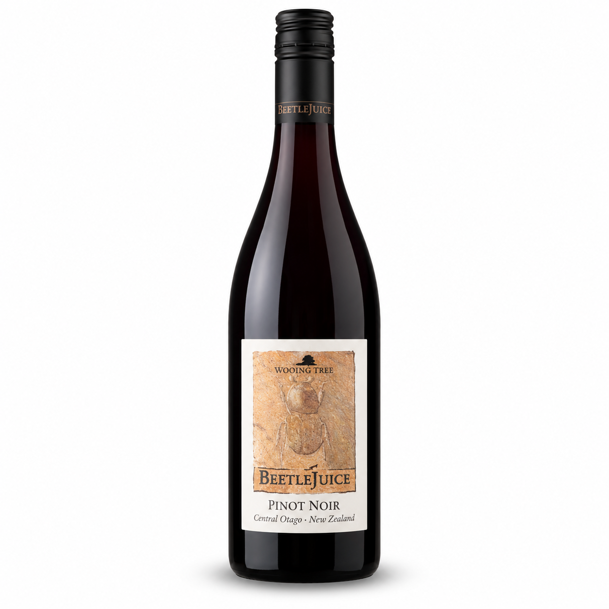 A bottle of BeetleJuice Pinot Noir red wine from Wooing Tree Wines, featuring a dark glass bottle with a black screw cap and a beige label with a beetle illustration.