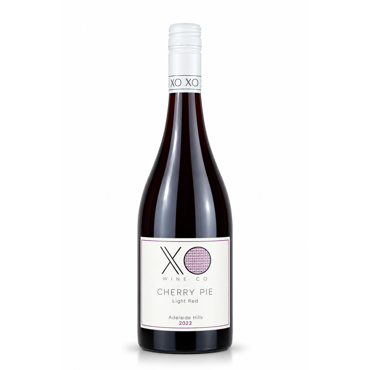 A bottle of XO Wine Co. Cherry Pie Light Red wine, featuring a dark glass bottle with a white label and a silver foil capsule at the neck, set against a plain white background.