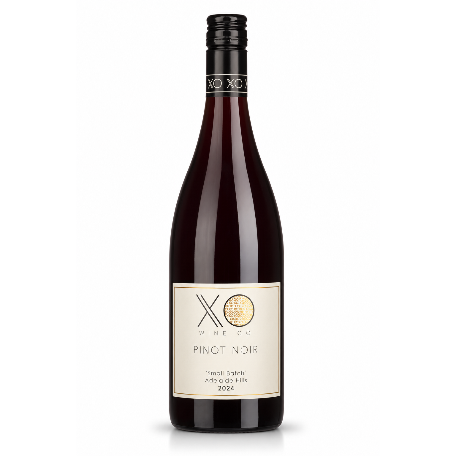 A bottle of XO Wine Co Pinot Noir red wine, featuring a dark glass bottle with a cream-colored label and a black screw cap, set against a plain white background.