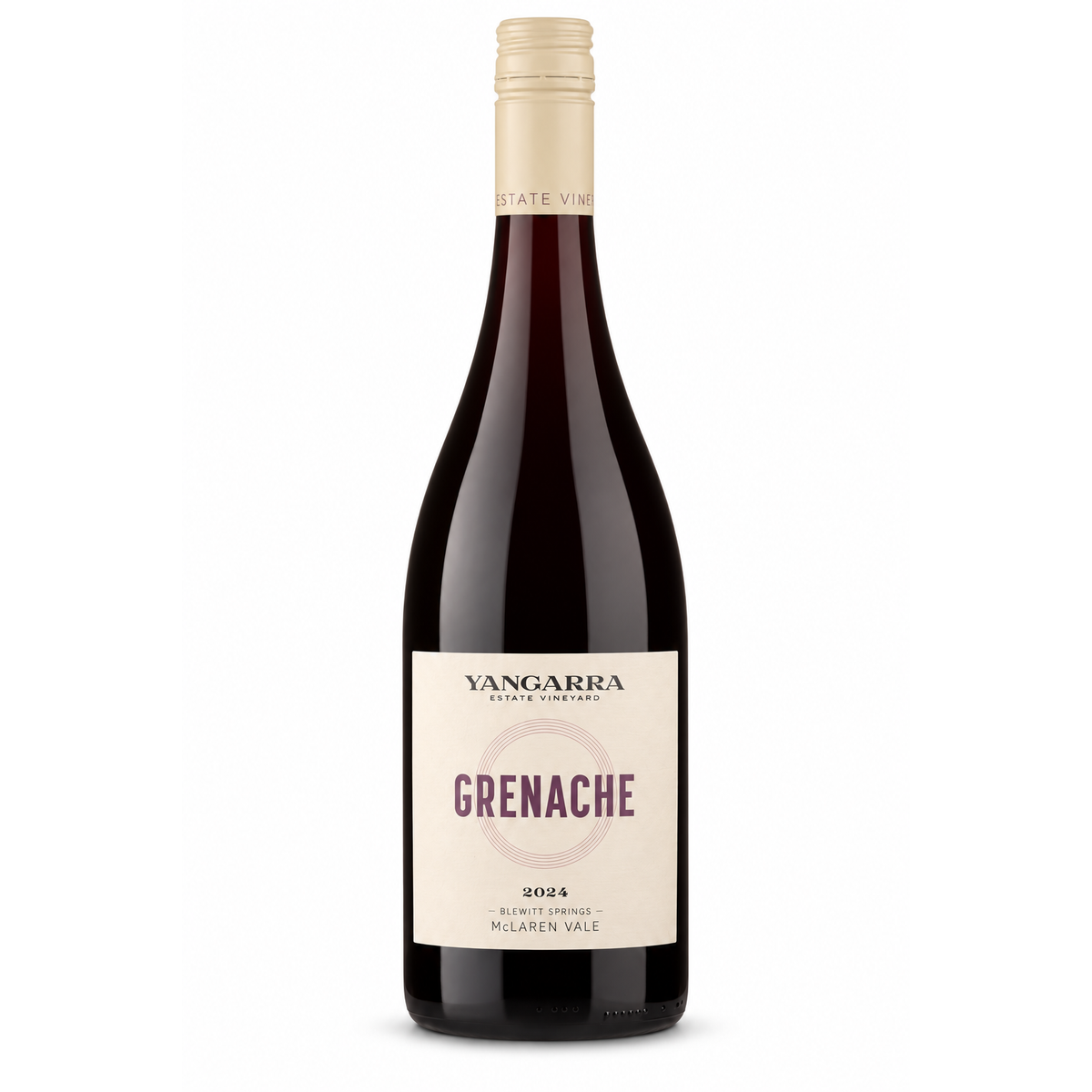 A bottle of Yangarra Estate Vineyards Grenache red wine, featuring a dark glass bottle with a cream-colored foil capsule and a cream label with purple text, set against a plain white background.
