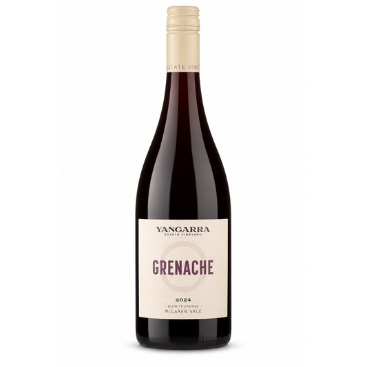 A bottle of Yangarra Estate Vineyards Grenache red wine, featuring a dark glass bottle with a cream-colored foil capsule and a cream label with purple text, set against a plain white background.