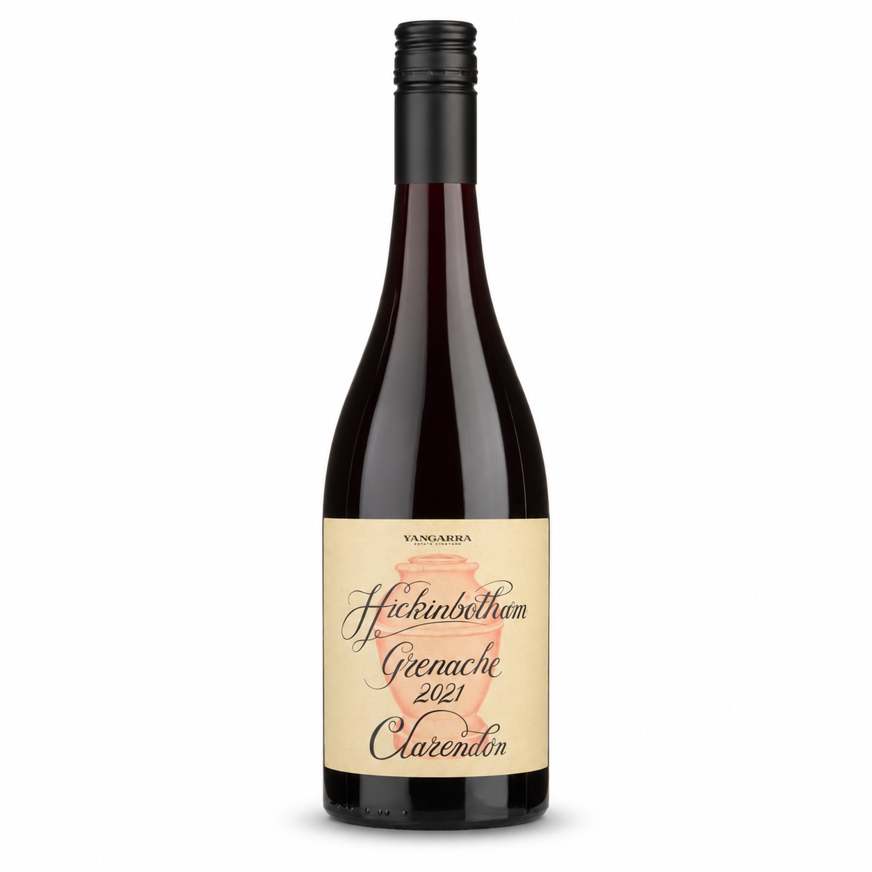 A bottle of Yangarra Hickinbotham Grenache 2021 Clarendon red wine, featuring a dark glass bottle with a beige label and a black screw cap, set against a plain white background.