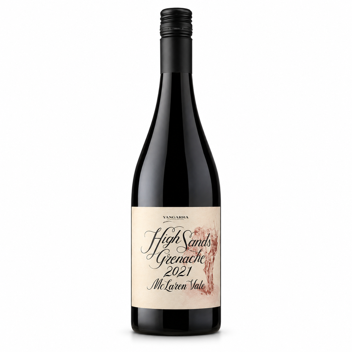A bottle of Yangarra High Sands Grenache McLaren Vale 2021 red wine, featuring a cream-colored label with elegant black script and a small red illustration, set against a plain white background.