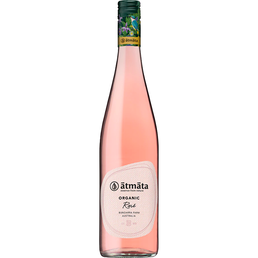 A bottle of Atmata Organic Rose wine with a pink hue, displaying the label and cap.