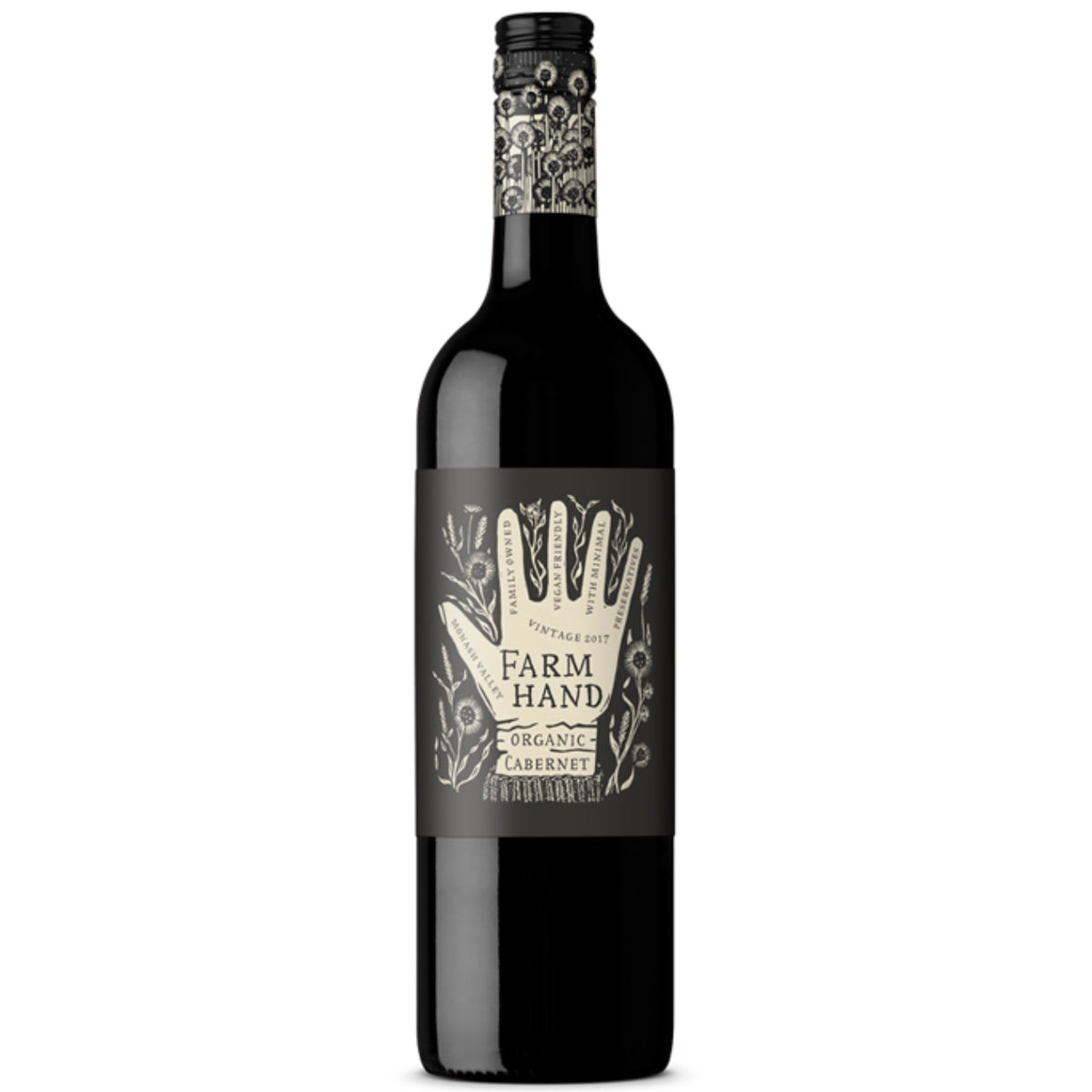 A bottle of Farm Hand Organic Cabernet Sauvignon with a dark label and organic certification logo.